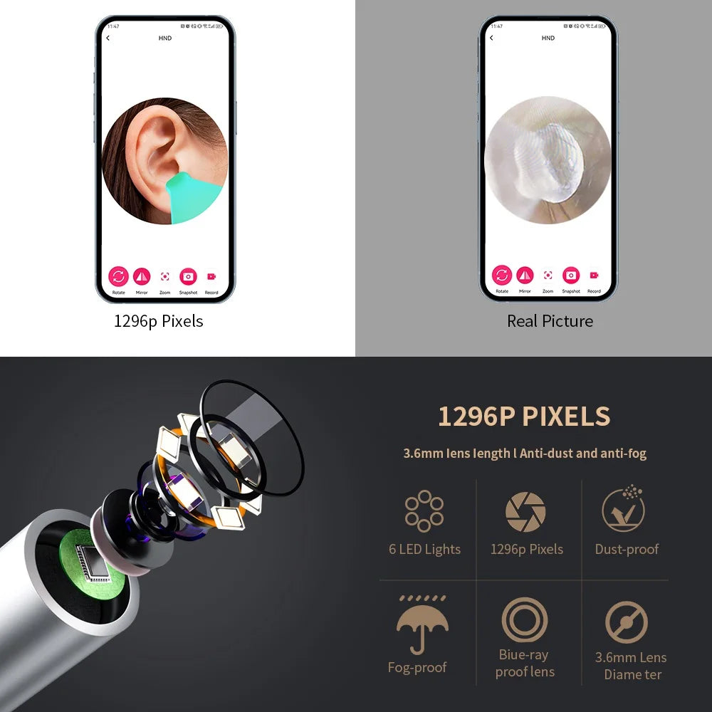 Smart Visual Ear Cleaner with Camera 1296P Ear Sticks USB C Charging Ear Wax Removal Tool WIFI Connection 6 LED Lights Earpick